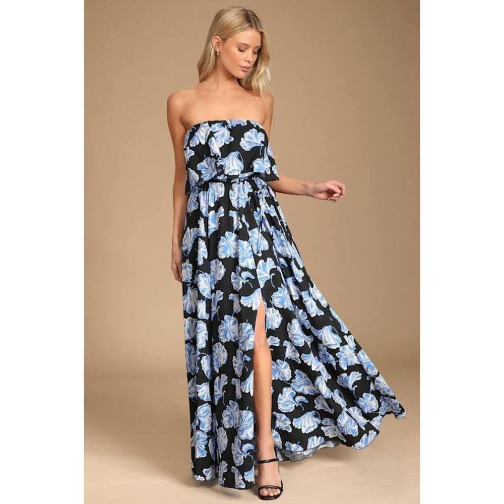 NWT Lulus Love Boldly Black Floral Print Strapless Maxi Dress - Size XS - Picture 1 of 5